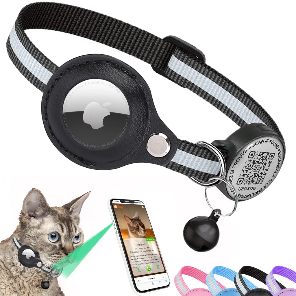 Reflective AirTag Cat Collar, Cat Tracker Collar with Air Tag Holder & QR Tag, Safety Cat GPS Collars for Girl Boy Cats, Kittens